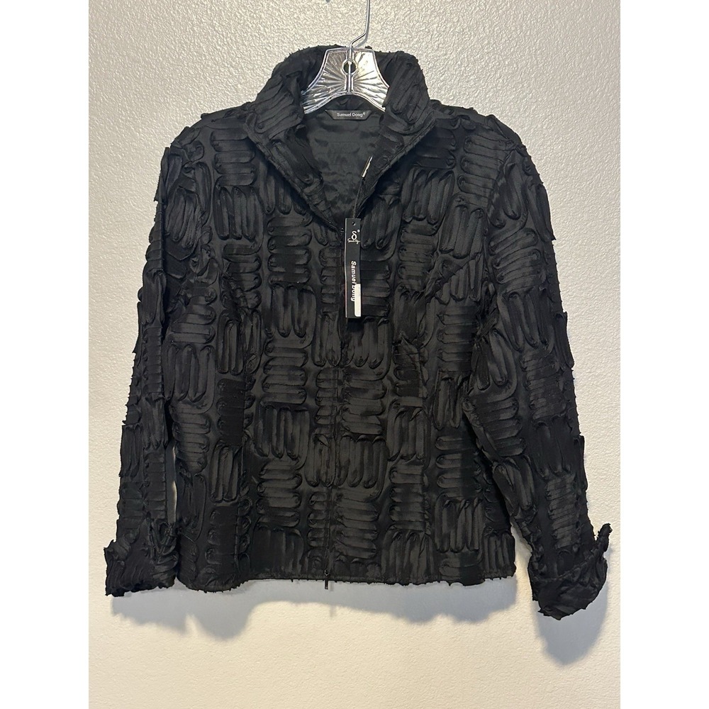Samuel Dong Women Blazer Black Jacket Stretch Ribbon Textured Zip sz.Medium NWT